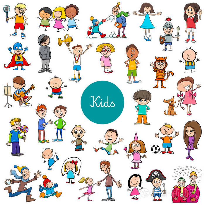 卡通插图的孩子和青少年人物大集
