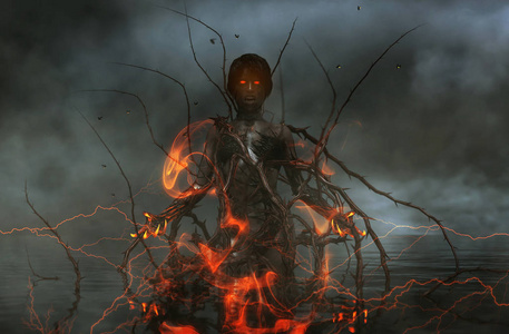 魔鬼湖3d 恶魔的例证在湖, 可怕的背景混合的媒介照片