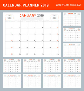 日历规划器文具设计模板2019年。矢量插图。本周开始于星期日