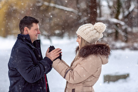 幸福的夫妇一起在外寒假假期里嬉戏雪公园