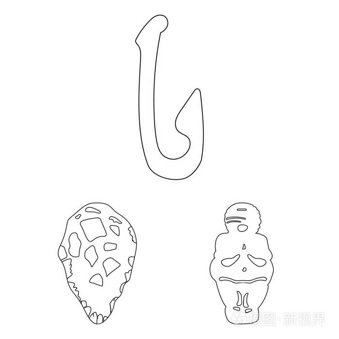 生命中的石器时代轮廓图标集合中的设计古代人矢量符号股票网页插图