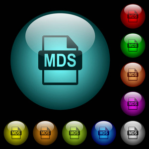 Mds 文件格式图标在彩色照明球形玻璃按钮上黑色背景。可用于黑色或深色模板