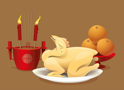 中元节祭祀中国传统文化与宗教: 对神和祖先的鸡祭祀和崇拜照片