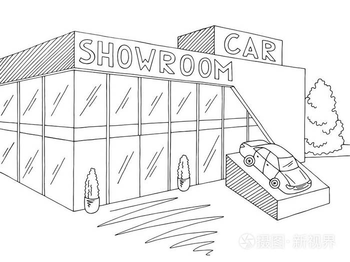 汽车展厅图形外部黑白色商店素描插画矢量插画-正版商用图片09cc78-摄