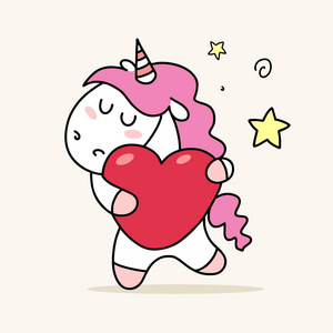 幻想可爱的独角兽与大粉红色的心脏.情人节快乐矢量平插画贺卡照片