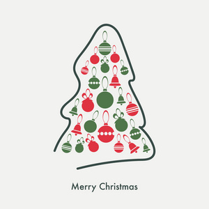 新年快乐贺卡在光背景。绿色和红色的圣诞球和铃铛在手画树剪影。冬天礼物的向量例证