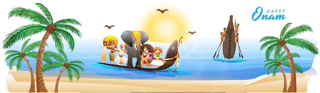 网站标题或横幅设计, 说明国王 Mahabali, Kathakali, 古典舞者, 大象和蛇船赛跑显示喀拉拉邦的文化。南印度节