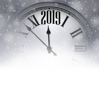 灰色模糊2019新年背景与银色时钟和雪。美丽的圣诞贺卡。矢量插图