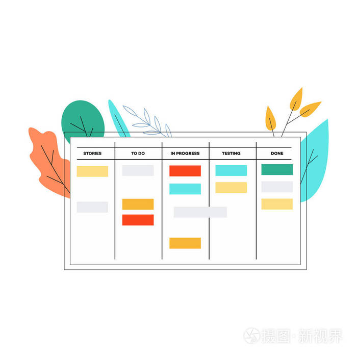 平面样式的scrum 板矢量插图 灵活的时间表 任务列表分为几个阶段插画 正版商用图片09ckdn 摄图新视界