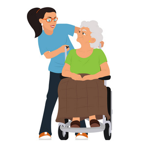 一个社会工作者帮助一个轮椅上的祖母