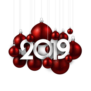 白色2019新年背景与红色圣诞球。节日闪亮的装饰。贺卡模板。矢量插图