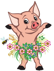 动画片小猪穿裙子的花朵。可爱的小猪女孩。婴孩和小孩子的孤立向量例证