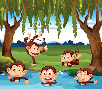 卡通可爱的猴子挂在树枝上一棵树与一只猴子玩猴子玩树房子插图一只