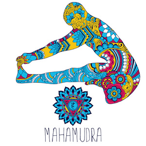 马哈穆德拉瑜伽中的一个姿势, 打开了 Vishuddha 脉轮。剪影在印第安 mehndi 样式