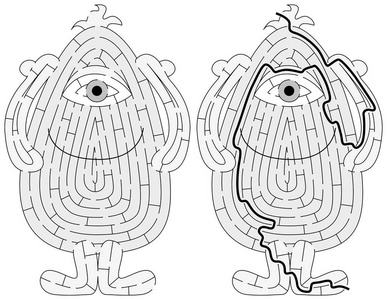 解决方案概述的邮票黑色和白色的解决方案的孩子小怪物迷宫照片