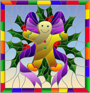 插图在彩色玻璃风格的新年和圣诞节, 生姜男子, 冬青枝和丝带在蓝色背景上明亮的框架