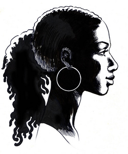 美丽的非洲裔美国女人墨迹黑白绘图