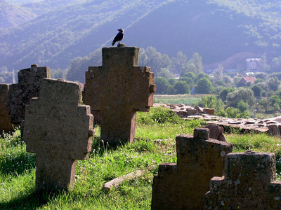 在一个古老的基督教墓碑上的黑乌鸦