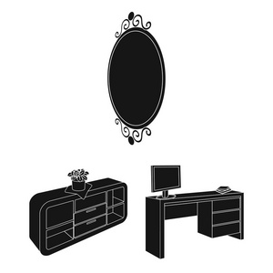 家具和内部黑色图标集合中的设计。家居装饰矢量等距符号库存 web 插图