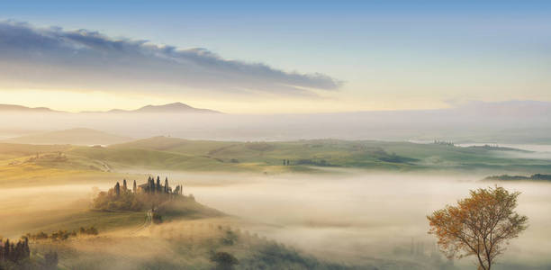 全景, 意大利美丽的风景, 托斯卡纳的雾辗的领域在升起的太阳之下