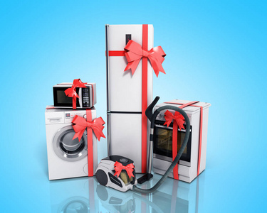 家电作为礼品组的白色冰箱洗衣机炉子微波炉真空吸尘器与红色带隔离在