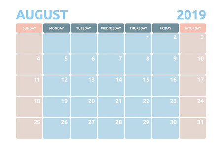 8月2019年的最低日历设计与桌面规划师和组织者的复制空间预约