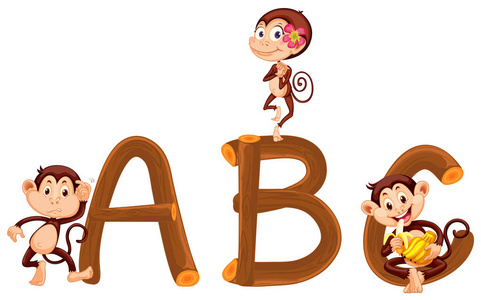 可爱的猴子和木制字母表插图
