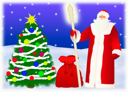 图片与圣诞老人和圣诞树与玩具在冬天和一个袋子在背景礼物。插图