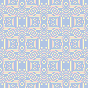 蓝色几何无缝图案。背景以米色和粉红色元素为墙纸纺织品和织品