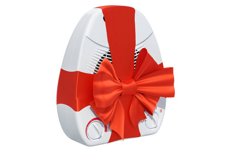 礼品概念, 风扇加热器与红色丝带和弓。在白色背景上隔离的3d 渲染