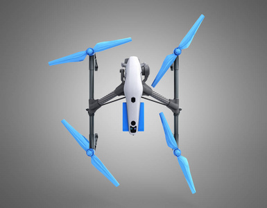 白色无人机 quadrocopter 与相片照相机飞行在蓝天空气膜概念3d 渲染灰色