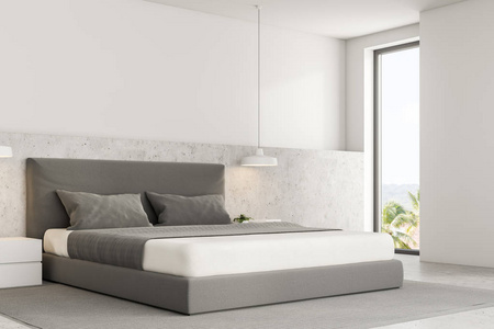 豪华卧室的角落, 白色的墙壁, 一个具体的地板与地毯, 阁楼的窗口和主床与床头表。3d 渲染模拟