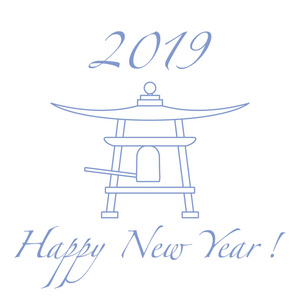 新年快乐2019卡。日本的新年象征。钟。不同国家的节日传统