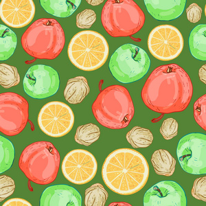 水果苹果坚果和橙子的无缝图案