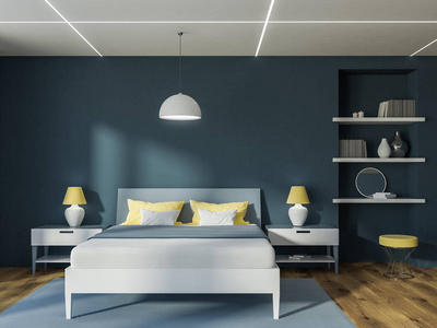 现代卧室的内部有灰色的墙壁, 一层木地板, 一张双人床和一个书柜。前视图。3d 渲染模拟