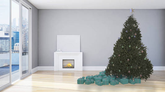 现代明亮的室内公寓起居室与圣诞树3d 渲染插图计算机生成图像