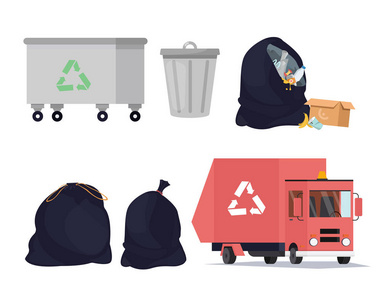 废物回收图标设置。垃圾垃圾桶的分拣运输过程。矢量插图