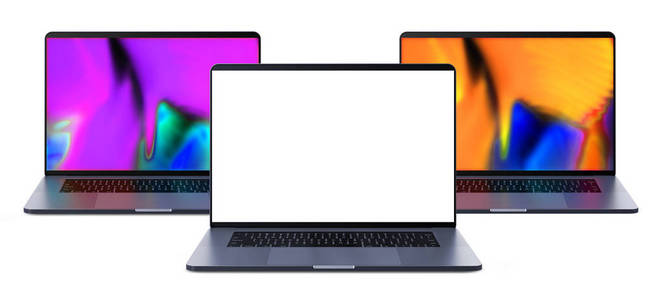 带空白屏幕的笔记本电脑在白色背景下被隔离。笔记本电脑集中。高详细