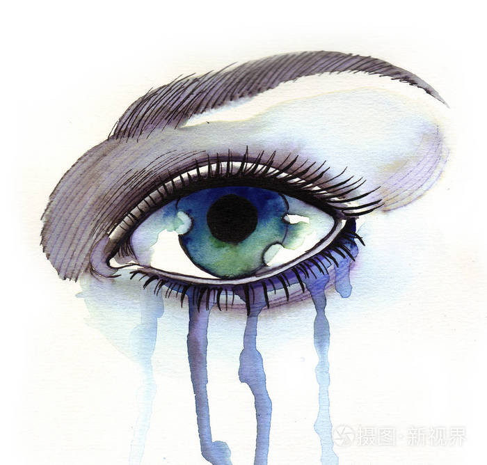 美丽的哭泣的眼睛水墨和水彩插图