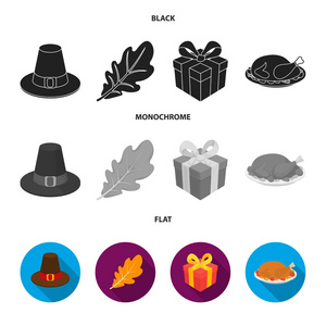 一个朝圣者的帽子, 橡树叶, 礼物在一个盒子里, 炸火鸡。加拿大感恩节集图标黑色, 平, 单色矢量符号股票插画网站