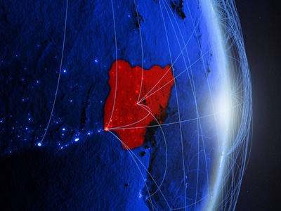 尼日利亚在蓝色数字地球与网络。连接旅行和通信的概念。3d 插图。美国宇航局提供的这张图片的元素
