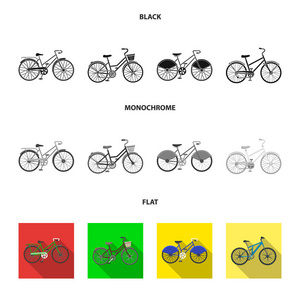 运动自行车和其他类型。不同的自行车集合图标在黑色, 平, 单色风格矢量符号股票插画网站