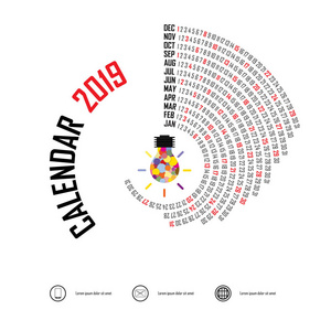 2019日历模板. 螺旋日历。日历2019集12月. 矢量设计信纸模板。矢量插图