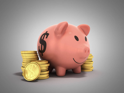 储蓄金钱的概念猪美元硬币3d 渲染灰色