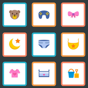 套婴儿图标扁平型符号与弓, 水桶, 婴儿床和其他图标为您的 web 移动应用程序徽标设计