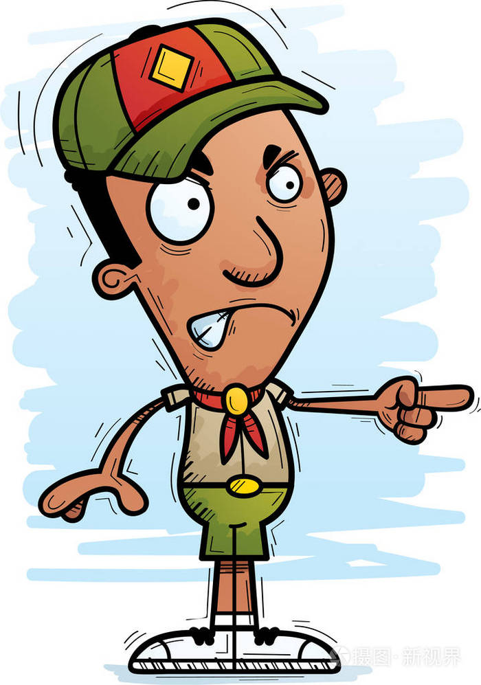 一个黑色男子侦察员的卡通插图看起来愤怒和指向插画-正版商用图片09