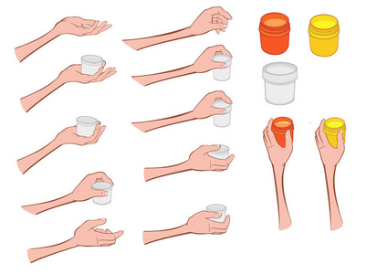 在白色背景上拿着罐子的集合