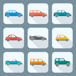 彩色平面样式各种体型的汽车图标集合