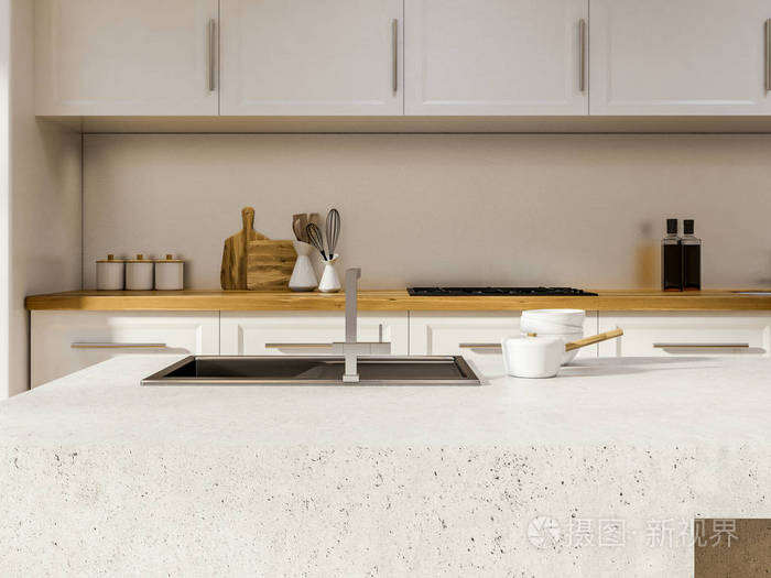 白色墙壁厨房内部与白色壁橱和台面和一个石海岛与水槽.3d 渲染模拟