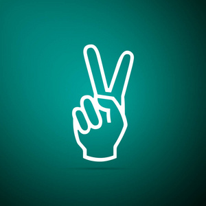 手上显示两个手指图标隔离在绿色背景。胜利手势。平面设计。矢量插图